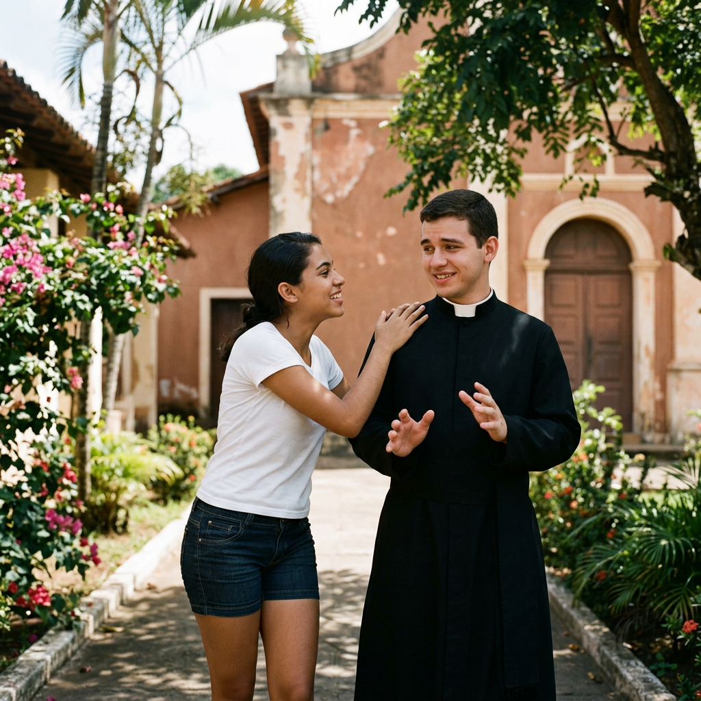 Jovem adulta assediando padre noviço
