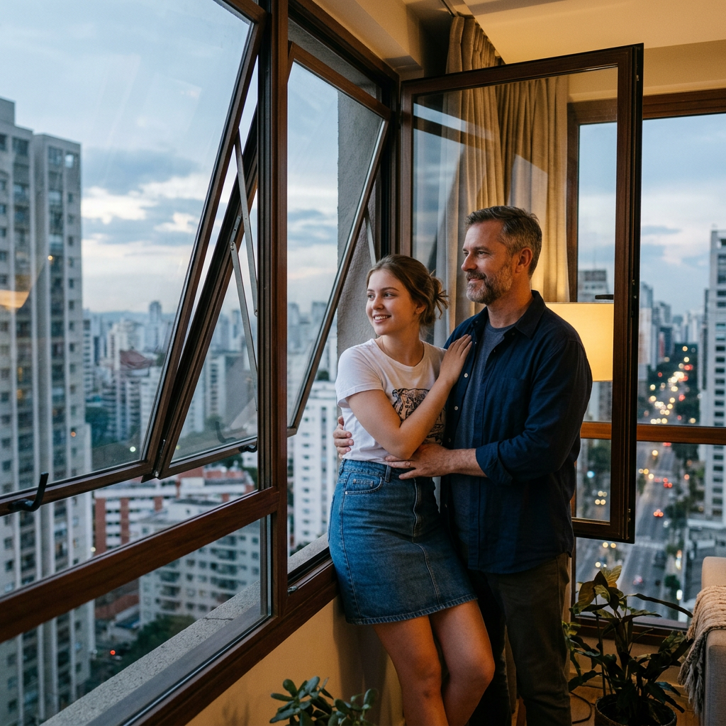 Couple embracing beside open windows overlooking a city skyline at dusk
