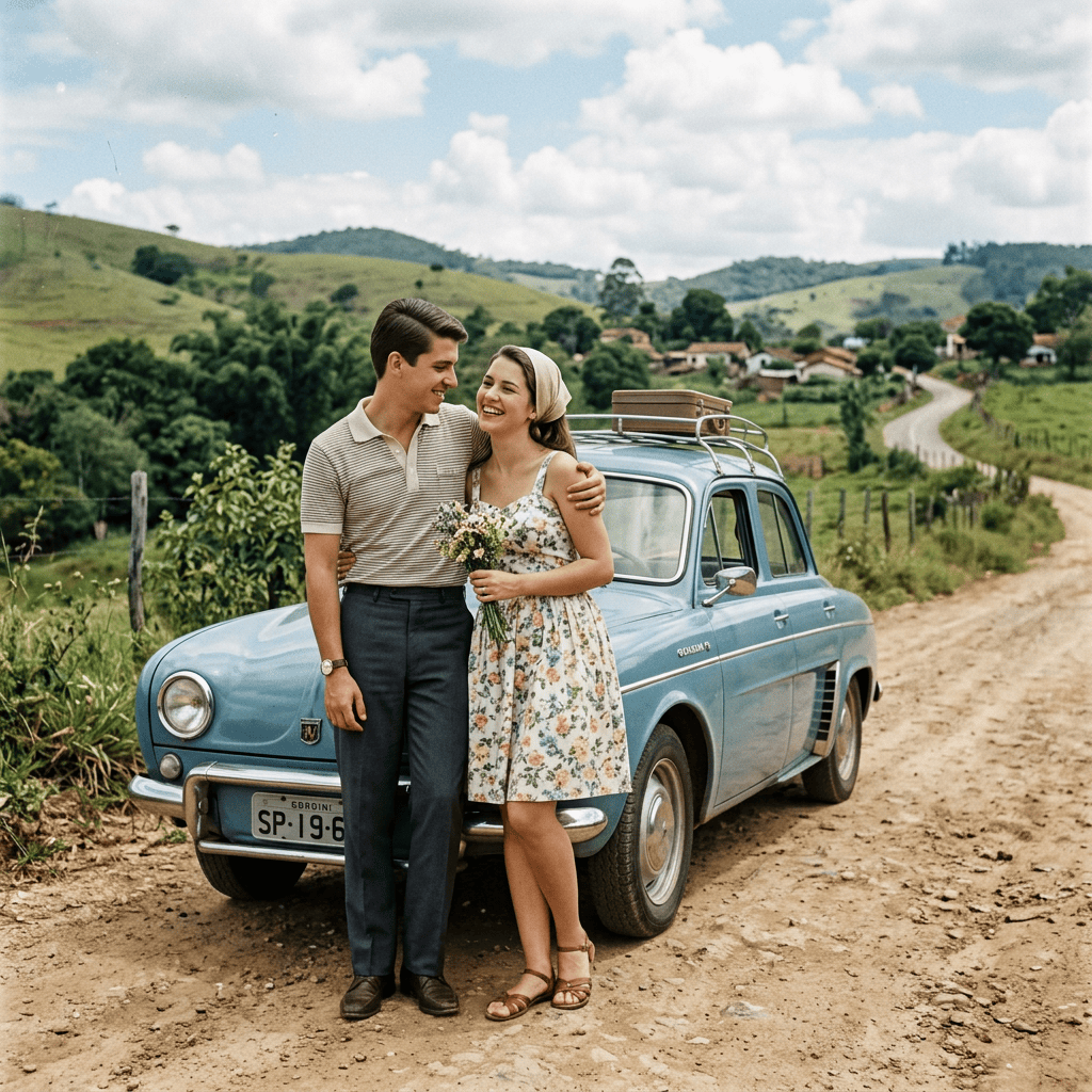 Couple posing beside a vintage blue car on a countryside road