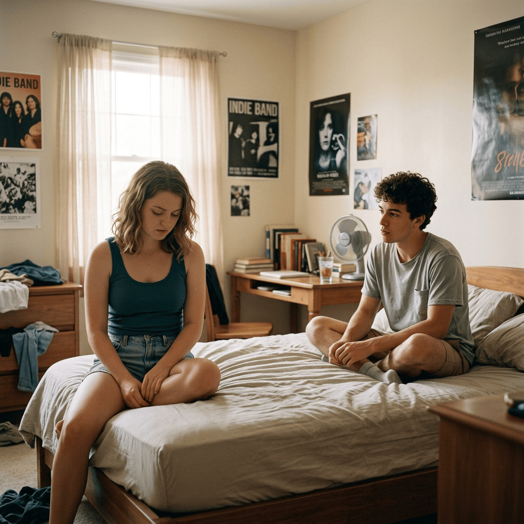 Two young people sitting on an unmade bed in a poster-covered bedroom
