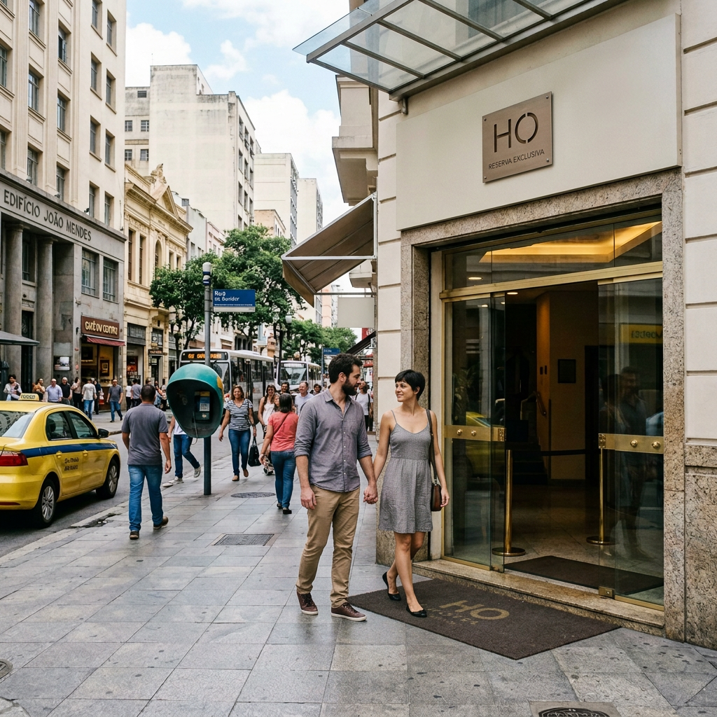 Hotel do Ouvidor entrance on a busy Rio de Janeiro street