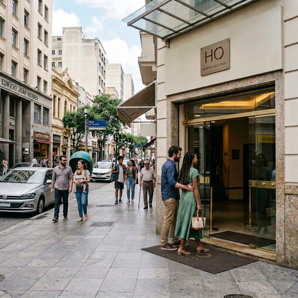 Hotel do Ouvidor entrance on a busy Rio de Janeiro street