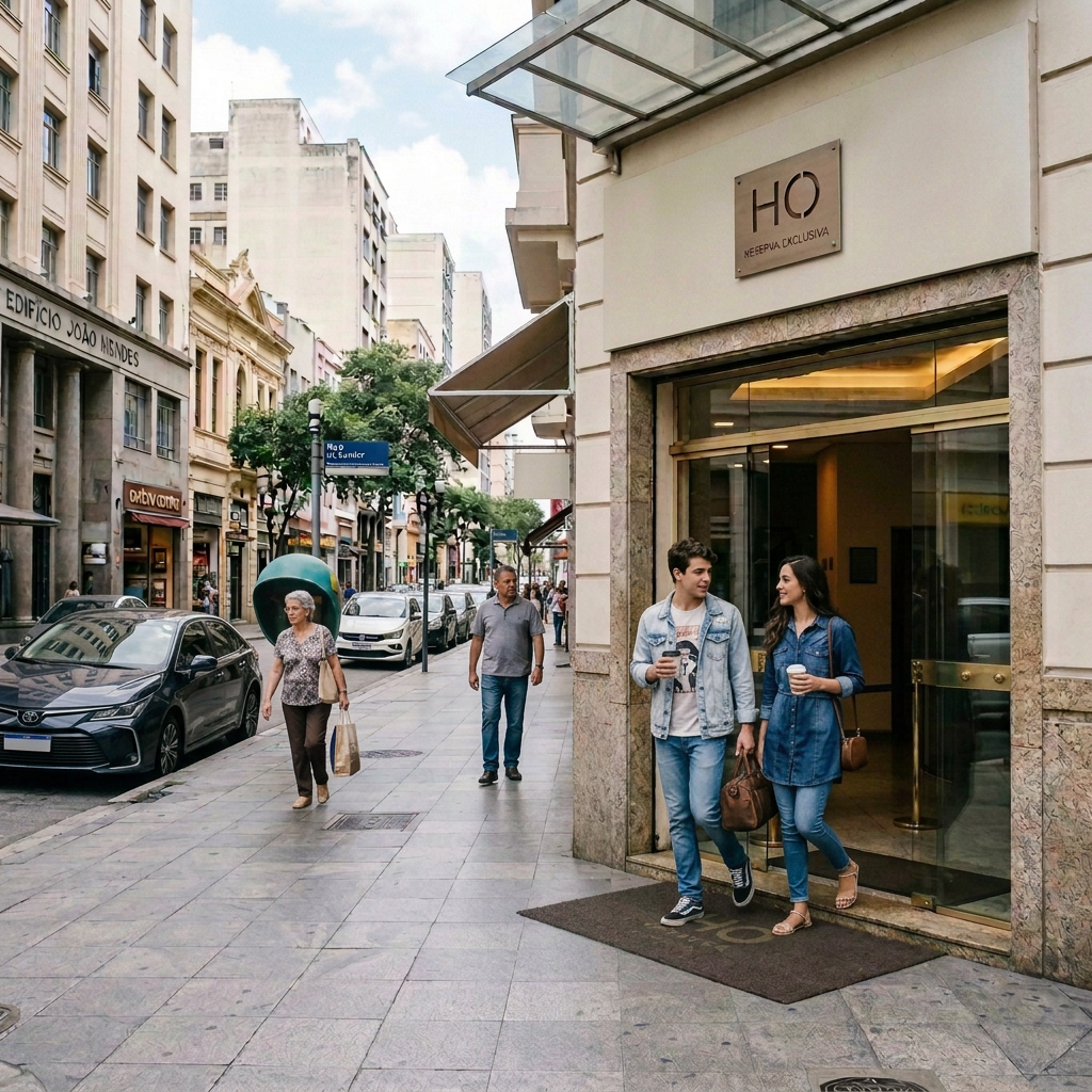 Hotel do Ouvidor entrance on a busy Rio de Janeiro street