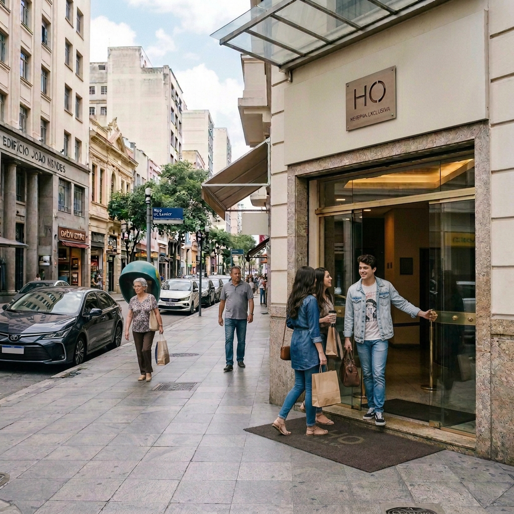 Hotel do Ouvidor entrance on a busy Rio de Janeiro street