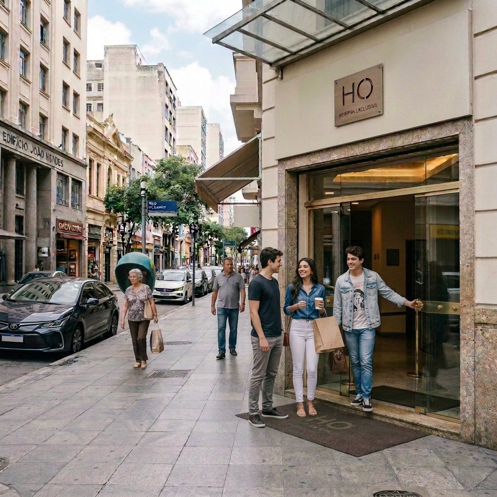 Hotel do Ouvidor entrance on a busy Rio de Janeiro street