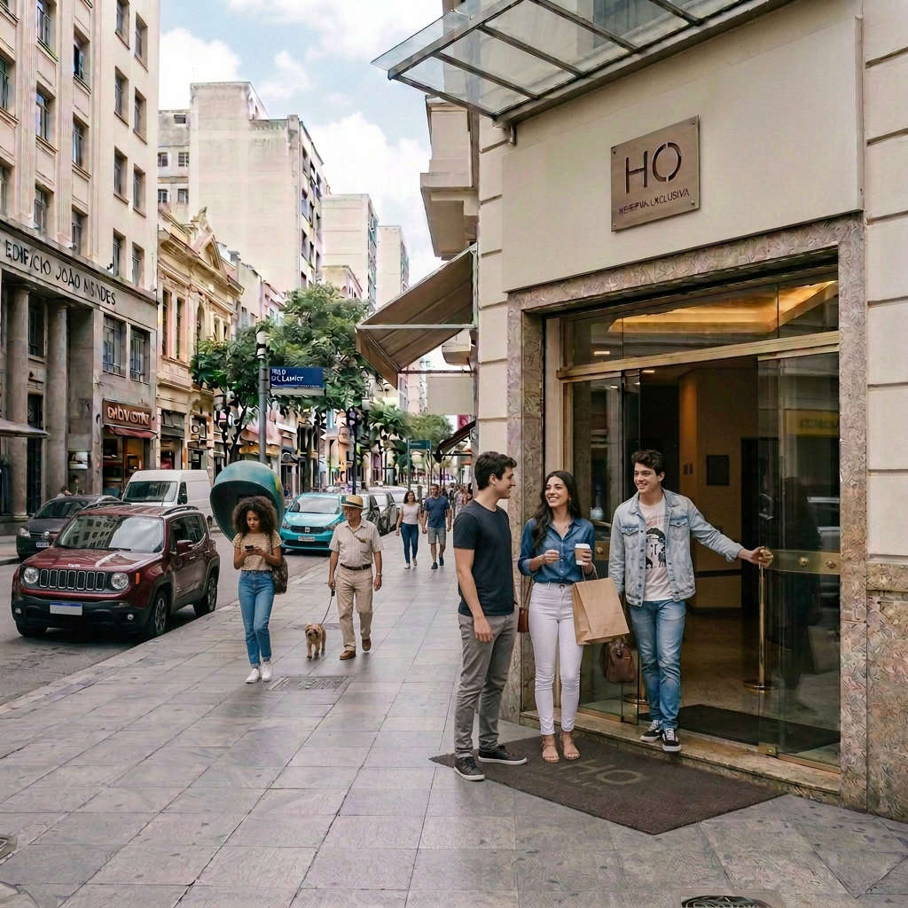 Hotel do Ouvidor entrance on a busy Rio de Janeiro street