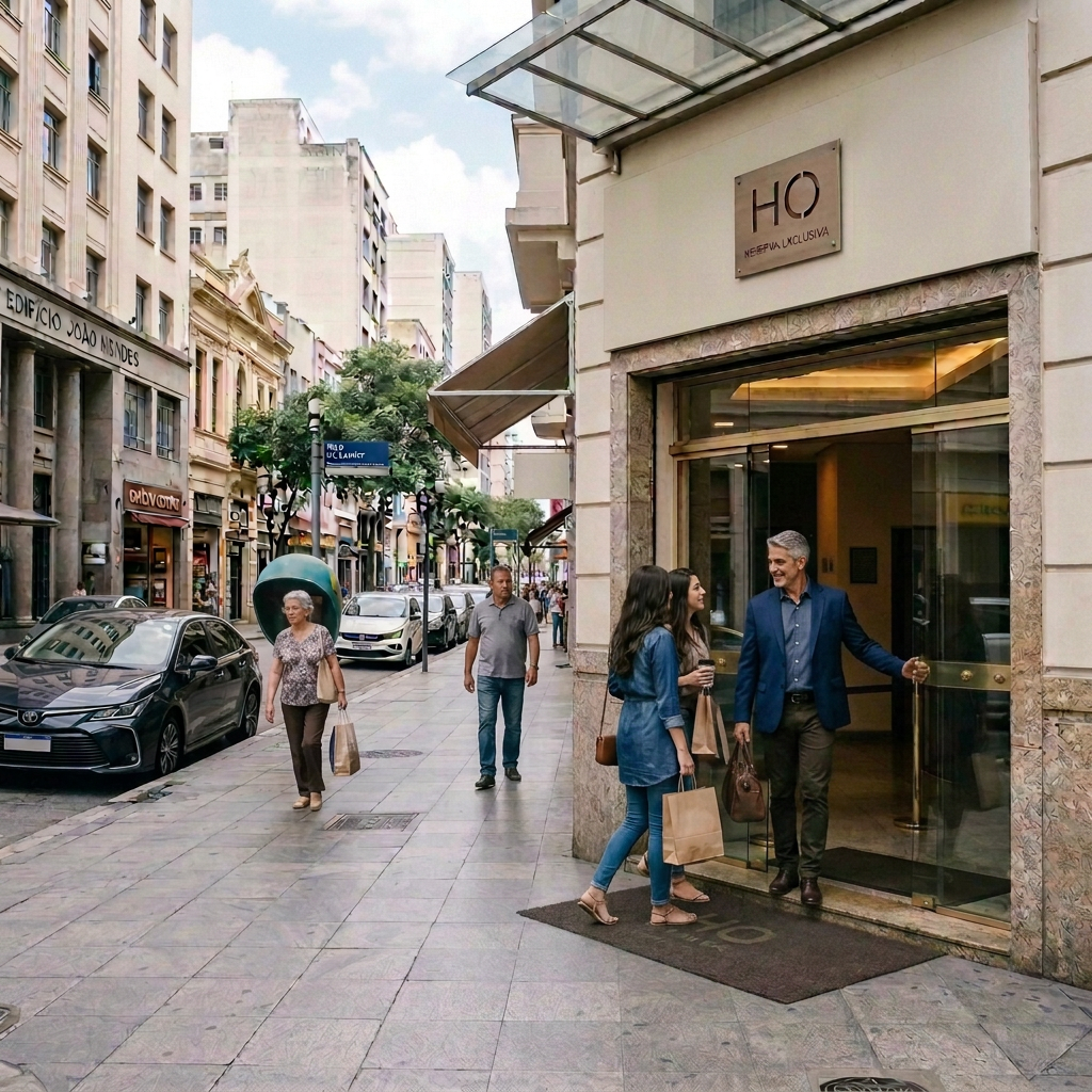 Hotel do Ouvidor entrance on a busy Rio de Janeiro street