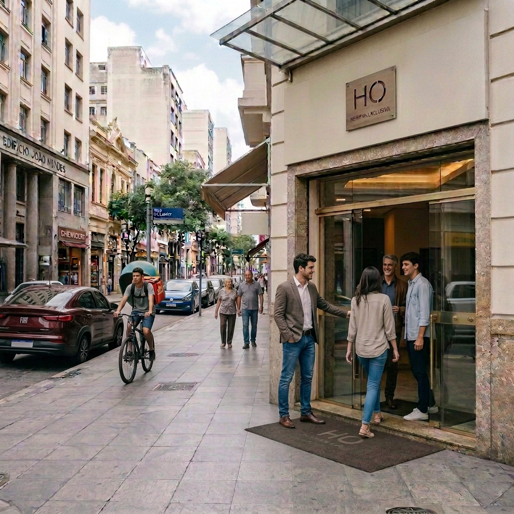 Hotel do Ouvidor entrance on a busy Rio de Janeiro street