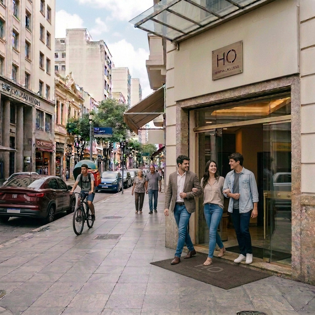 Hotel do Ouvidor entrance on a busy Rio de Janeiro street