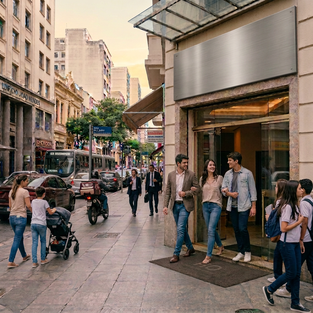 Hotel do Ouvidor entrance on a busy Rio de Janeiro street