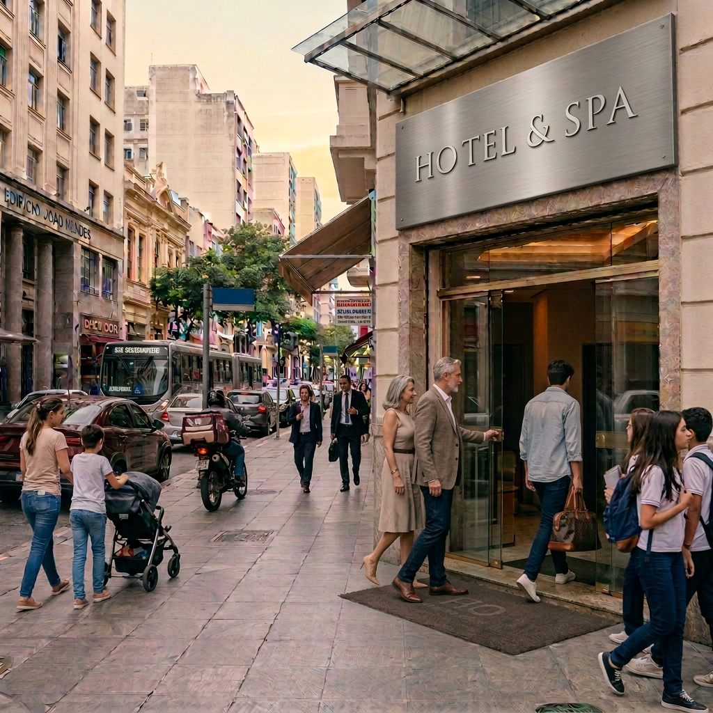 Hotel do Ouvidor entrance on a busy Rio de Janeiro street
