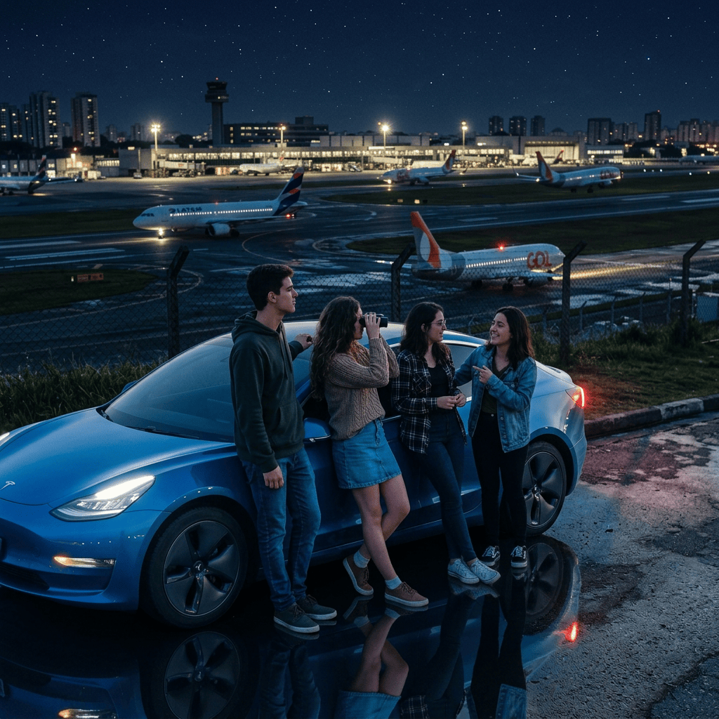 Four friends beside a vintage car watching airplanes at an airport