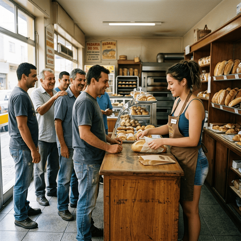 Bakery worker serving bread to four customers at a counter