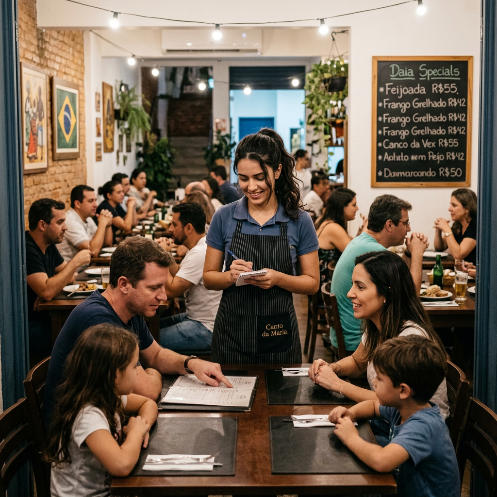 Server taking orders at a family table in a busy restaurant; chalkboard reads “Daia Specials,” “Feijoada R$55,” “Frango Grelhado R$42,” “Canco da Vex R$55,” “Aohato sem Feijo R$42,” and “Damarorondo R$50”; apron reads “Canto da Maria.”