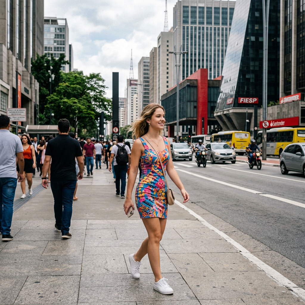 Woman walking along a busy São Paulo avenue beside pedestrians and traffic