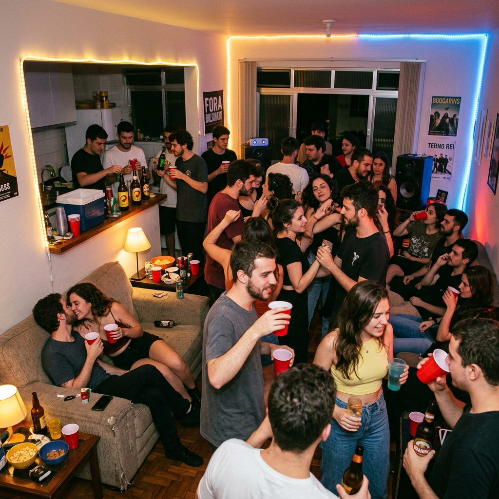 Crowded apartment party with friends holding drinks under colorful LED lights
