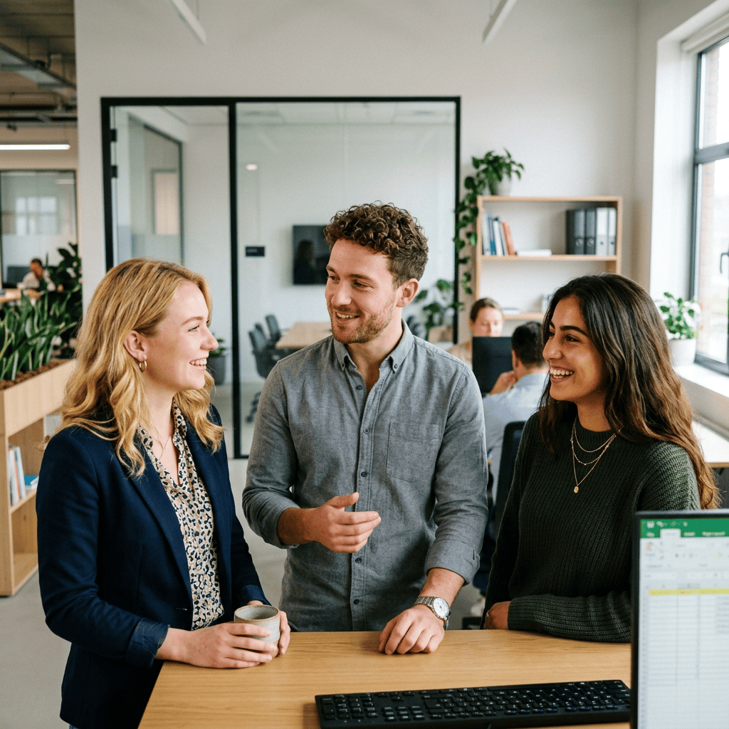 Three colleagues talking together in a bright modern office
