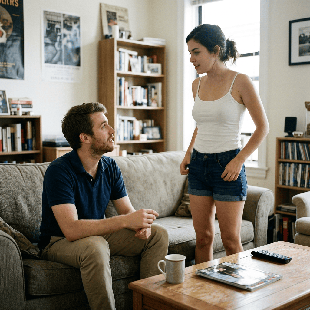 A seated man looks up at a standing woman in a living room.