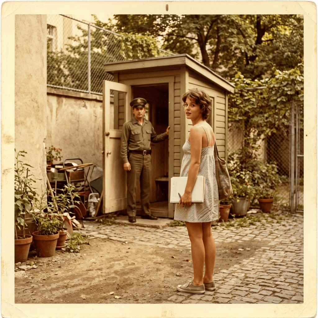 Woman holding notebook beside a uniformed guard in a courtyard
