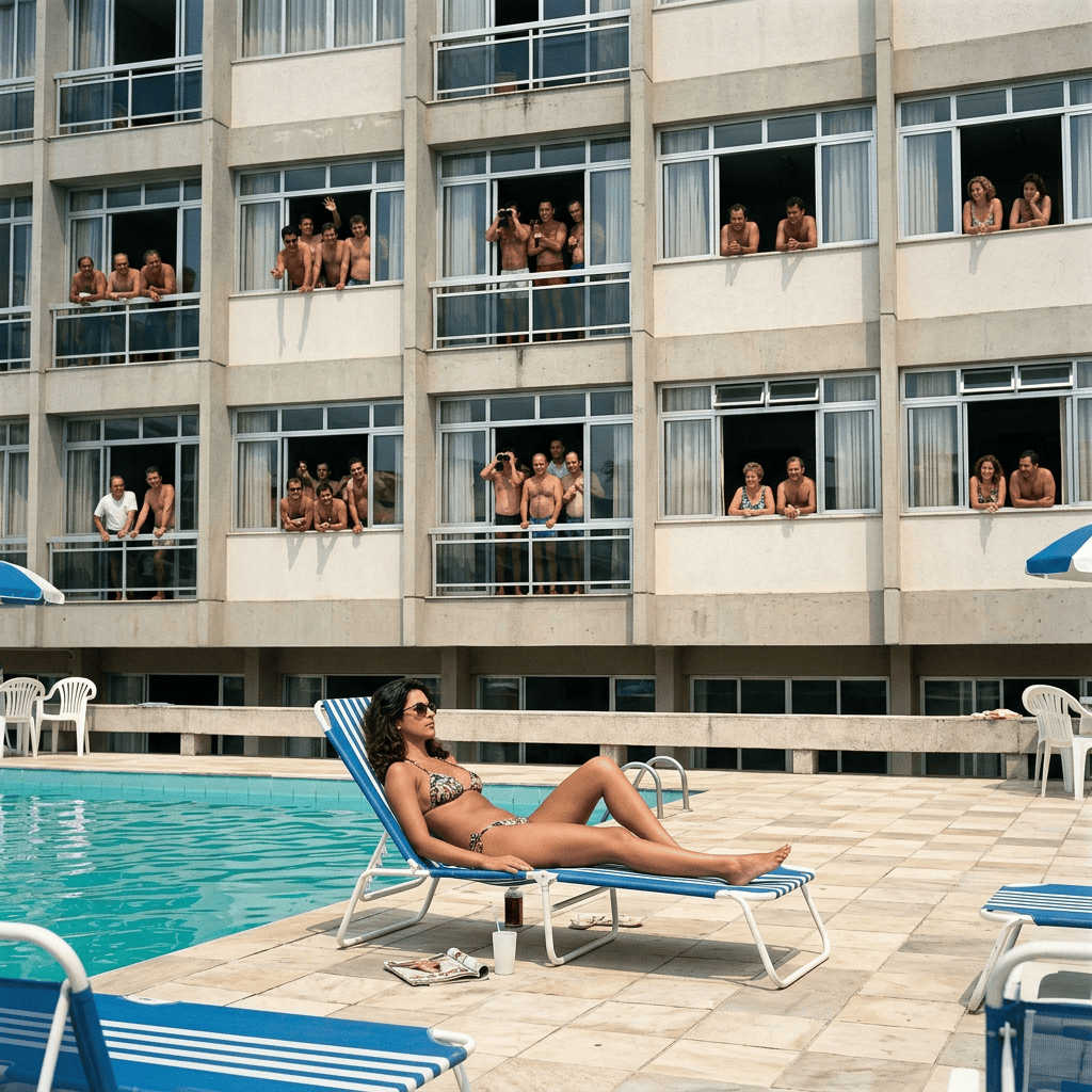 Morena tomando sol à beira da piscina