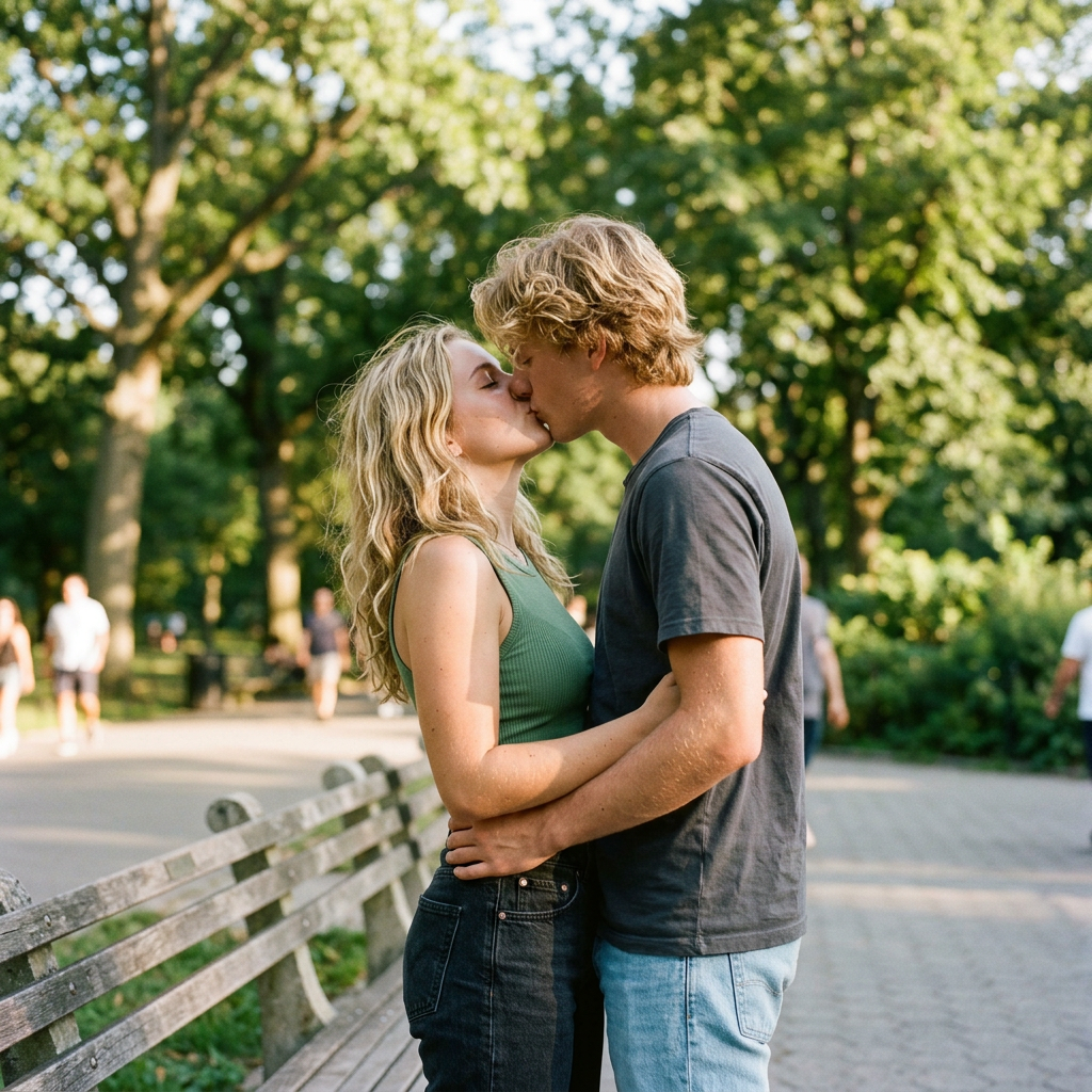 Couple embracing and kissing beside a park bench
