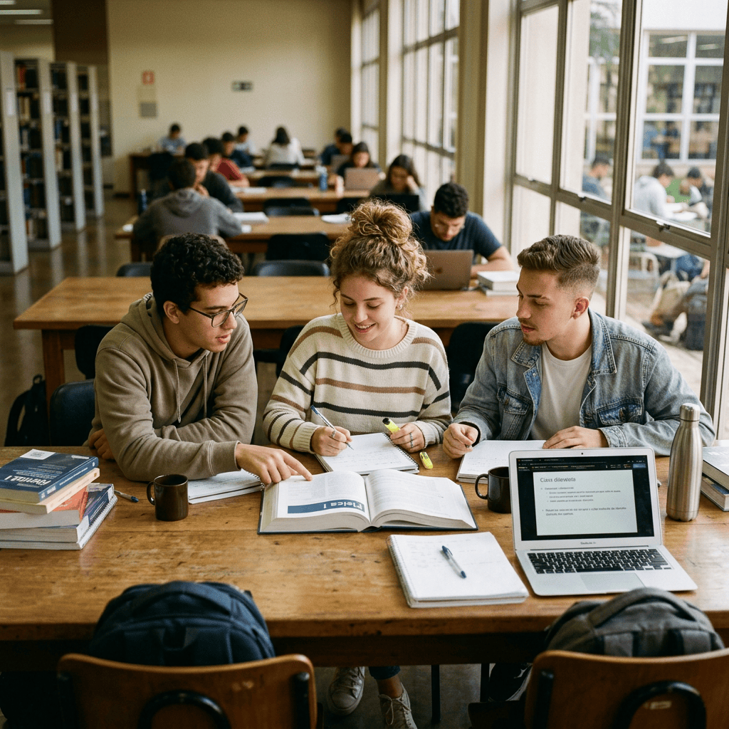 Three students studying together at a library table with books and laptops