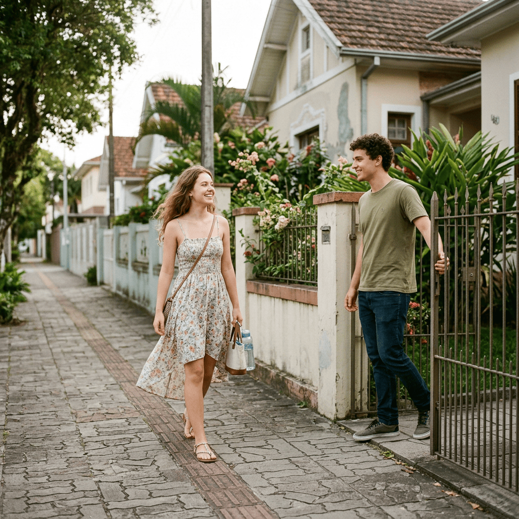 Jovem chegando a uma casa enquanto rapaz espera