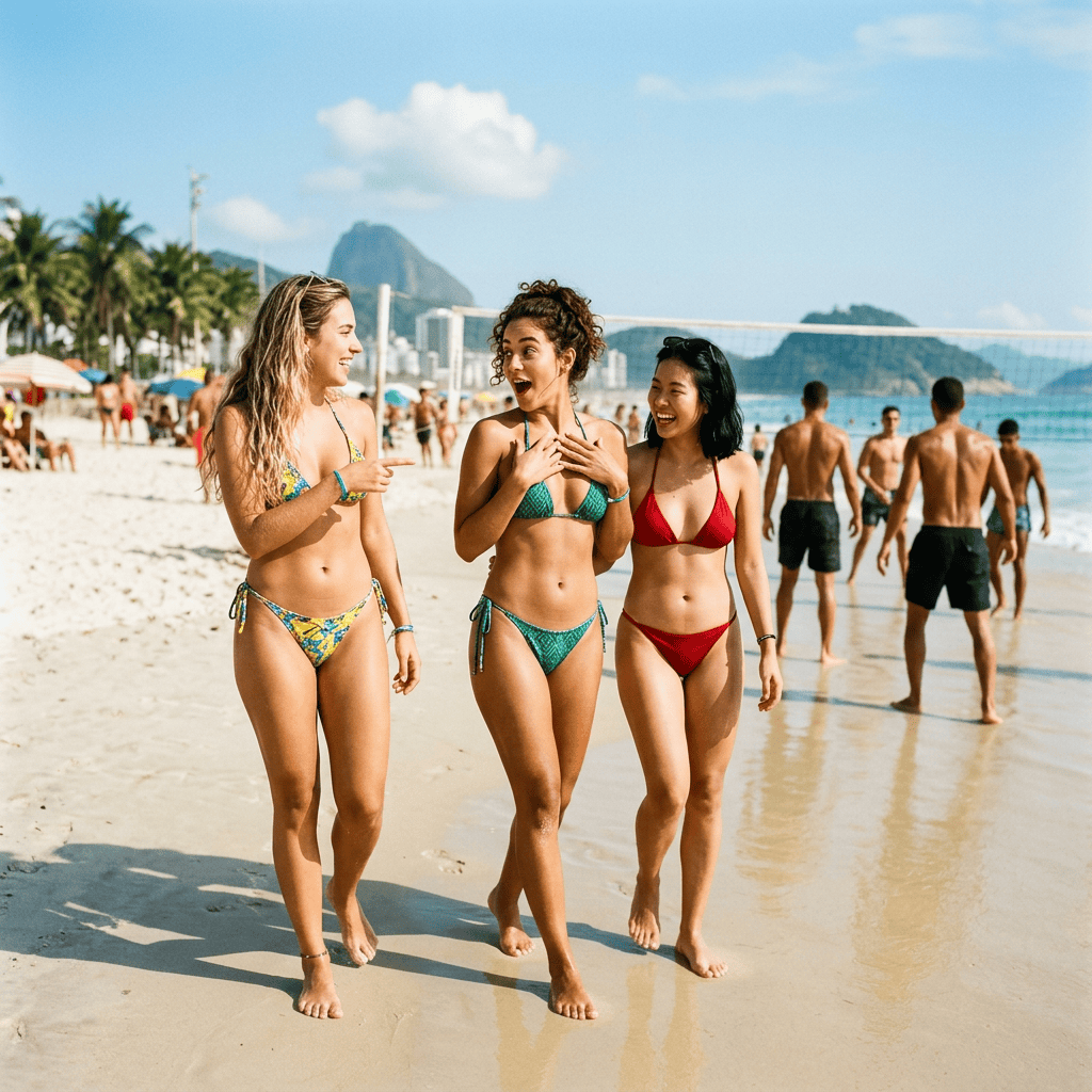 Three friends walking and laughing along a sunny beach near mountains