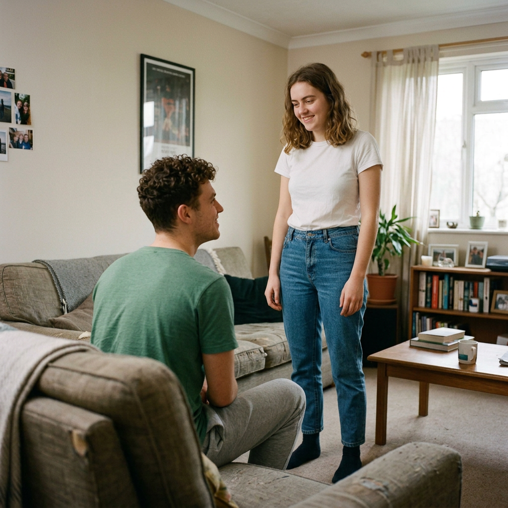 Two people talking in a warmly lit living room
