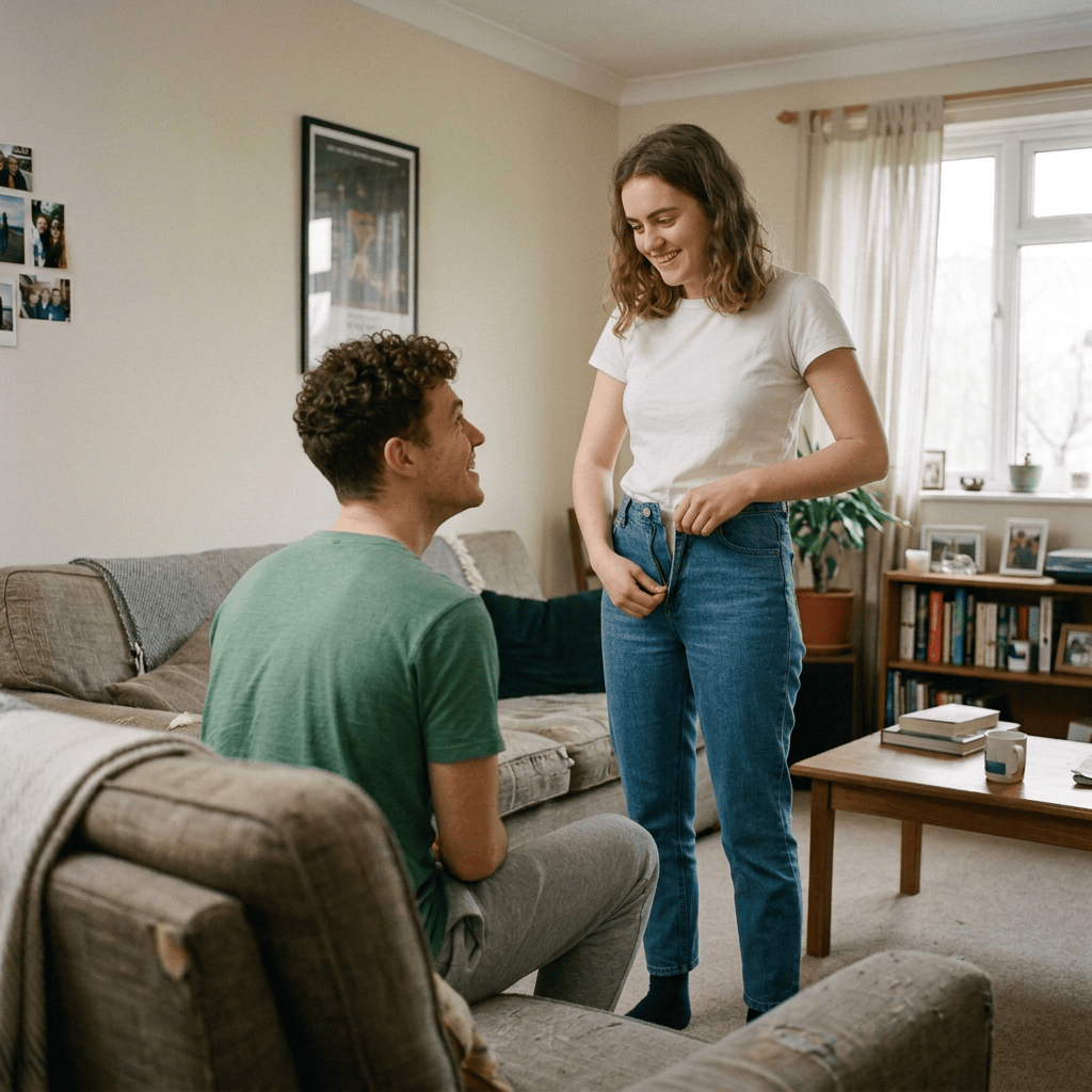 Two people talking in a warmly lit living room