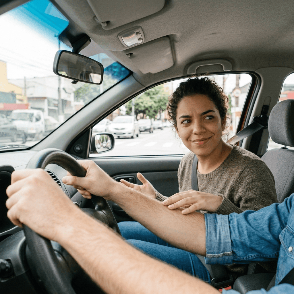 Mulher indignada com sorriso malicioso no carro