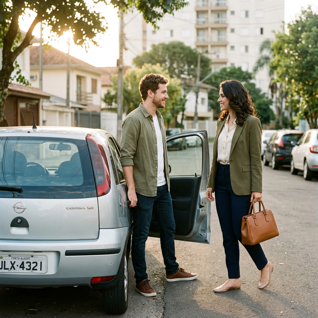 Two people talking beside a parked car with its door open