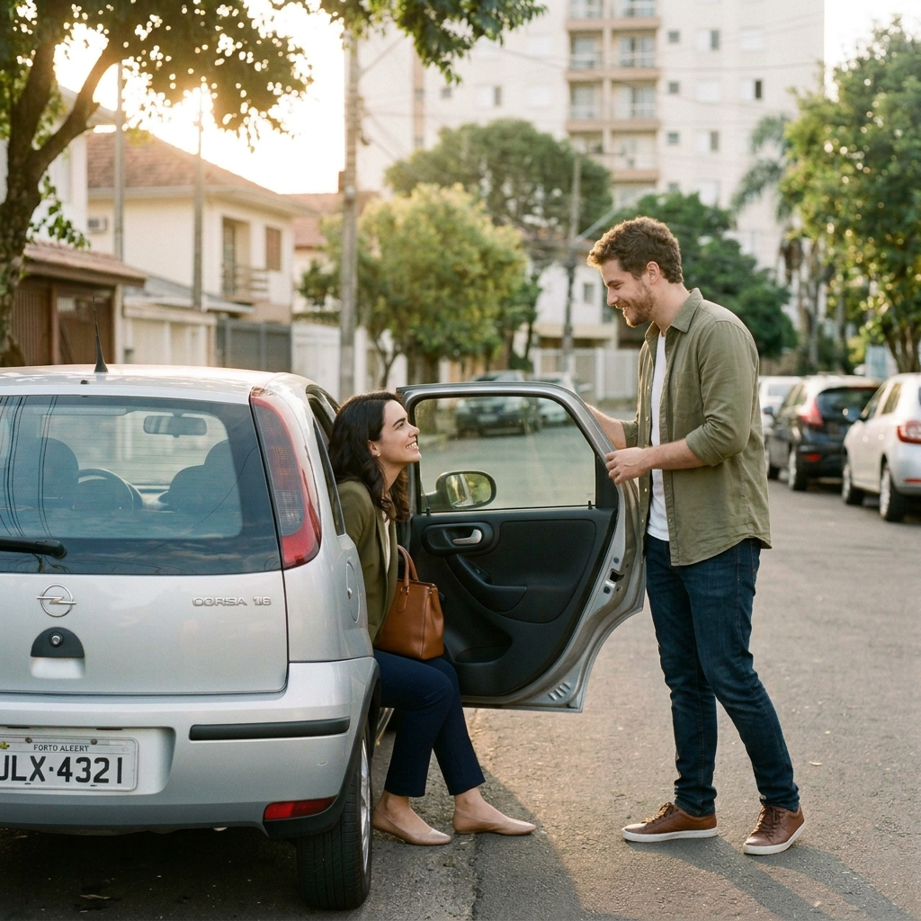 Two people talking beside a parked car with its door open