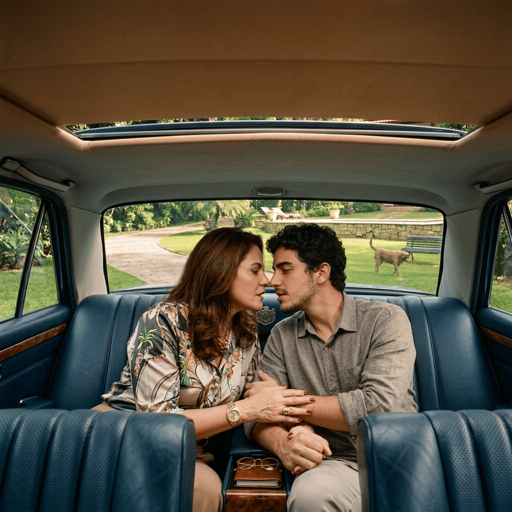 Smiling couple holding hands in a vintage car beside a garden