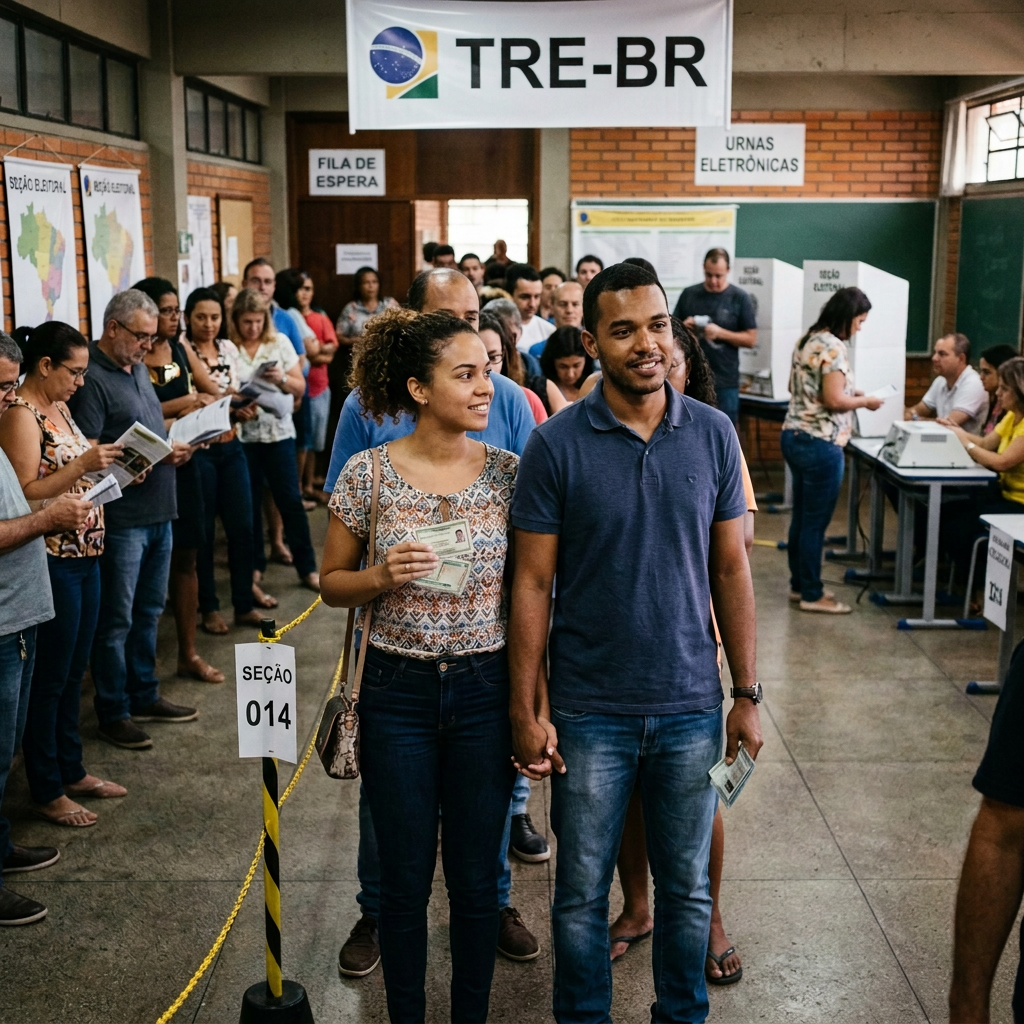 Voters waiting at a Brazilian polling station beneath a TRE-BR sign